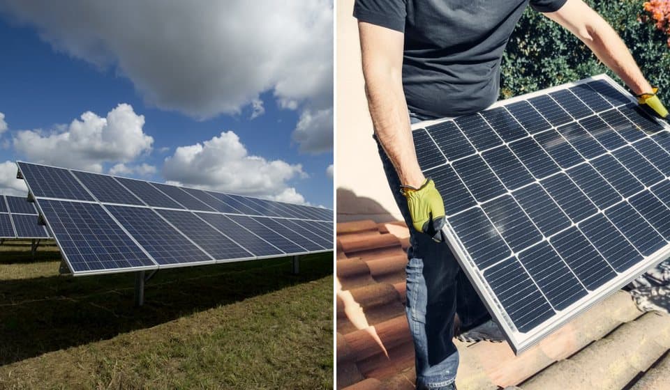 Solda arazi tipi güneş santrali sıraları, sağda kiremit çatıya panel montajı